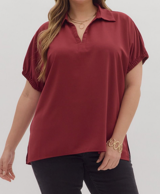 Solid Short Sleeve Top, Burgundy