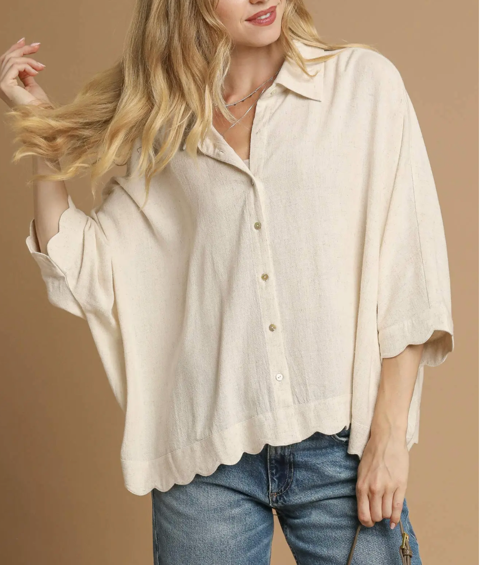 C5392-Linen Scallop Hem Button-Down Blouse-2 Colors