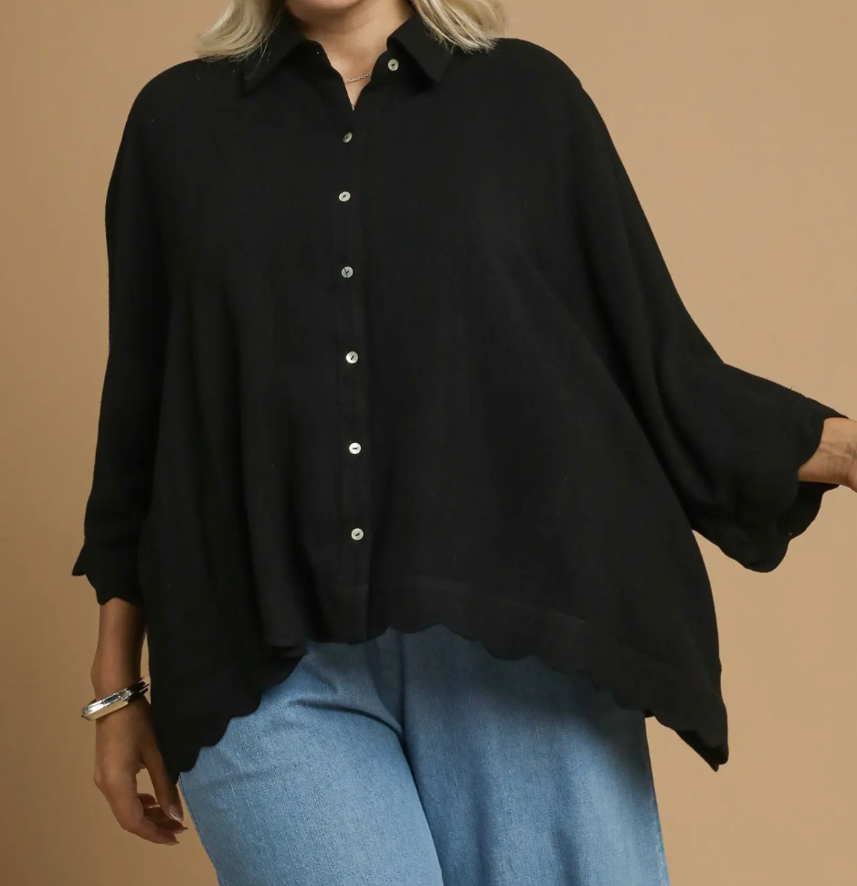 C5392-Linen Scallop Hem Button-Down Blouse-2 Colors