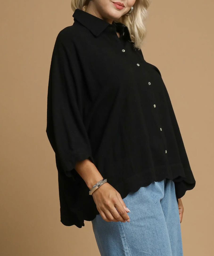 C5392-Linen Scallop Hem Button-Down Blouse-2 Colors
