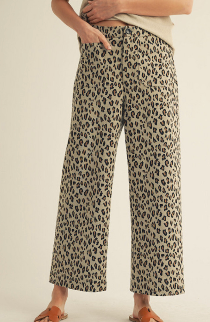 H40228-7 High Waist Wide Leg Leopard Pants