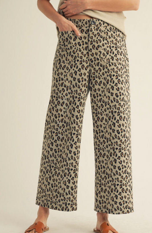 H40228-7 High Waist Wide Leg Leopard Pants