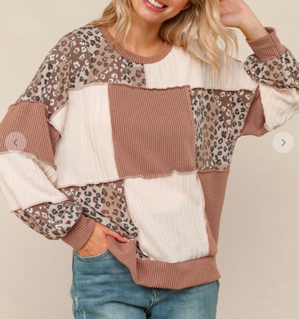 Rib Cable Knit Leopard Pullover Knit Top-Taupe/Cream