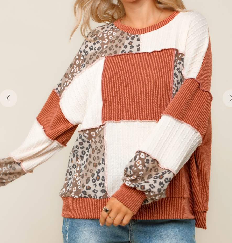 Rib Cable Knit Leopard Pullover Knit Top-Rust/Oatmeal