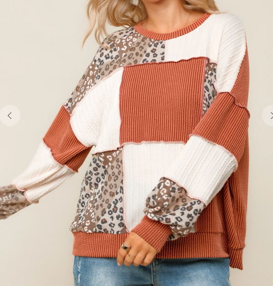 Rib Cable Knit Leopard Pullover Knit Top-Rust/Oatmeal