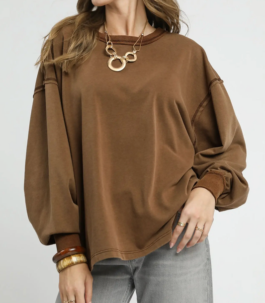 K0963-Mineral Wash Oversized Top, Brown