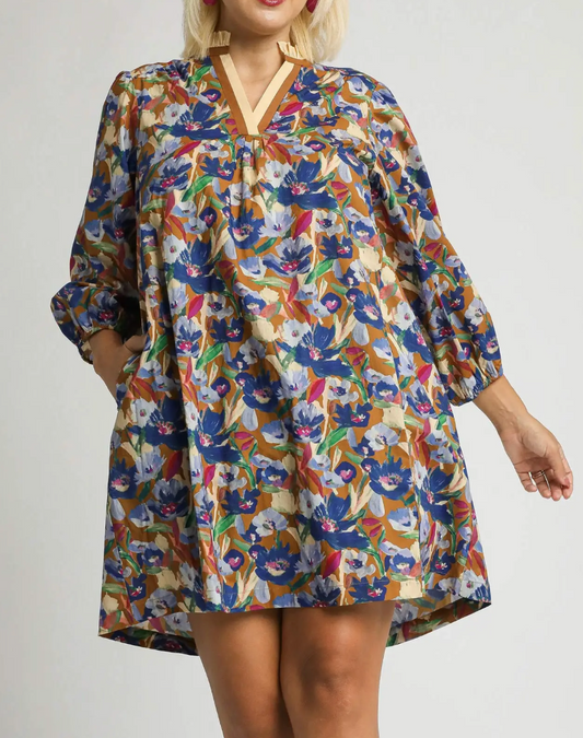 K1134-Boho Floral V-Neck Balloon Sleeve Dress