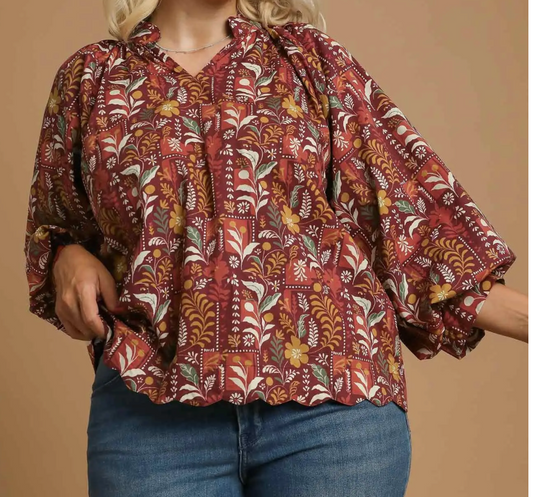 C5411-Floral Print Scallop Hem Blouse, Burgundy