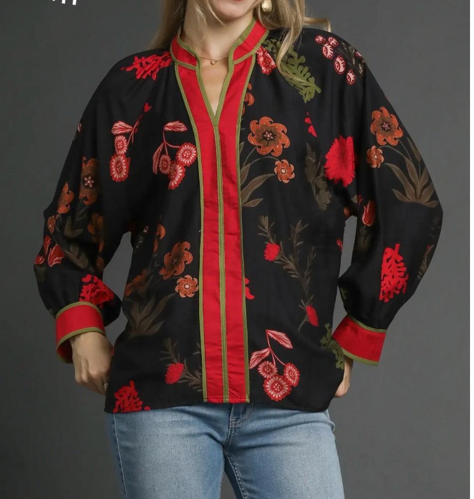 C5576-Floral Mandarin Collar Blouse, Black