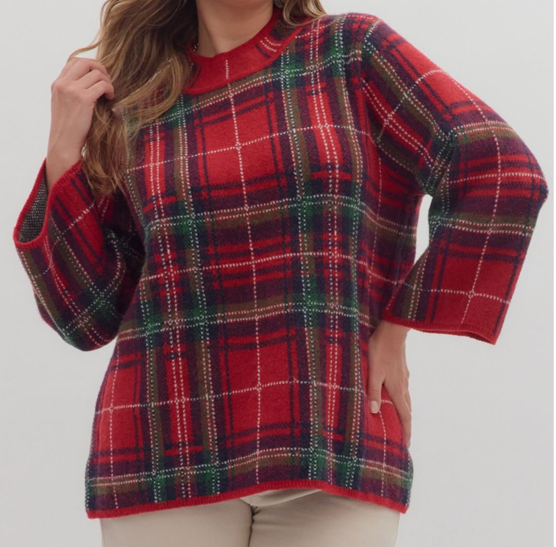 T28879-Plaid Long Sleeve Sweater, Red
