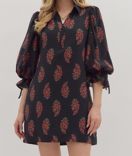 D28827-Floral Print Puff Sleeve Dress, Black