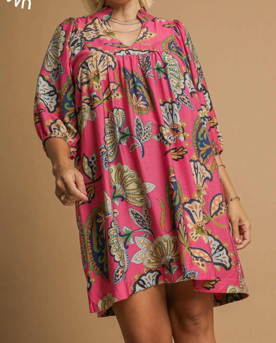 K0939-Abstract Print Puff Sleeve Babydoll Dress