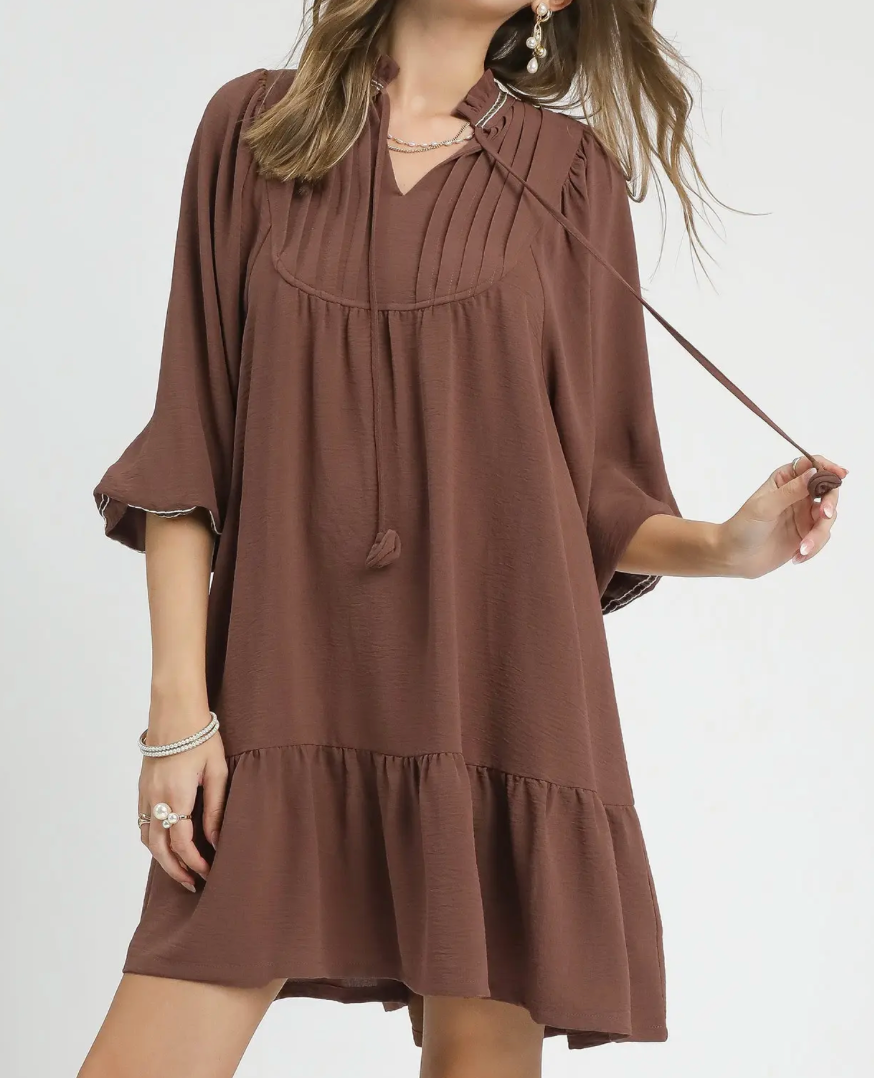 K1336-Pleated Smock Tiered Mini Dress, Mocha
