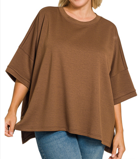 Scuba Round Neck Top with Side Slits, Brown