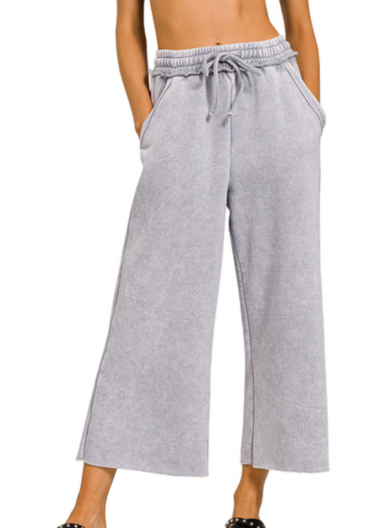 Plus Acid Wash Crop Fleece Sweatpants with Pockets, Sleet