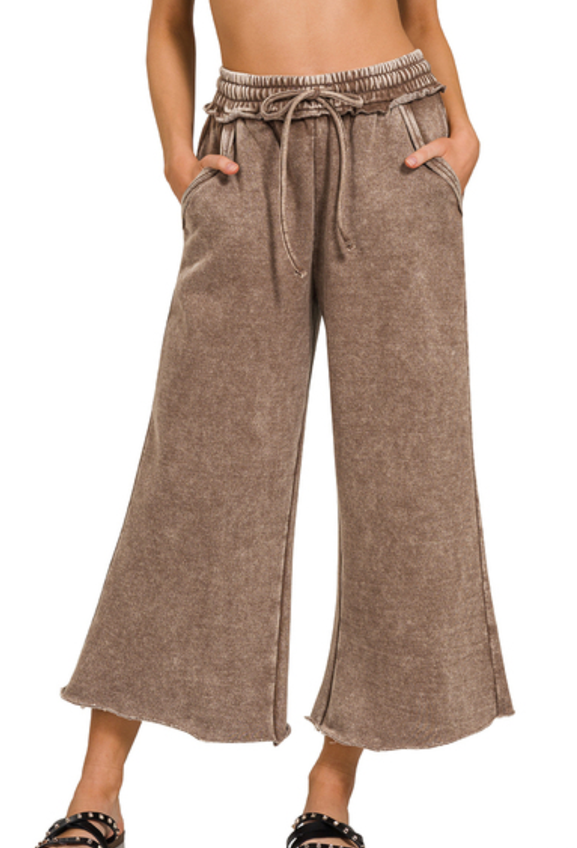 Plus Acid Wash Crop Fleece Sweatpants with Pockets, Mocha