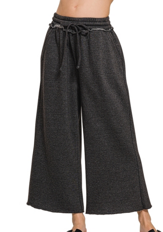Acid Wash Fleece Palazzo Sweatpants with Pockets, Black