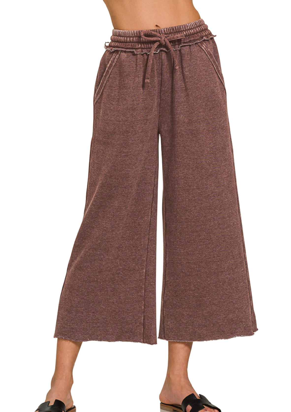 Acid Wash Fleece Palazzo Sweatpants with Pockets, Mahogany