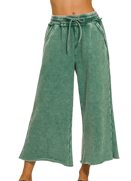 Acid Wash Fleece Palazzo Sweatpants with Pockets, Dark Green