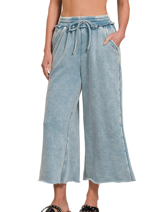 Acid Wash Fleece Palazzo Sweatpants with Pockets, Blue Grey