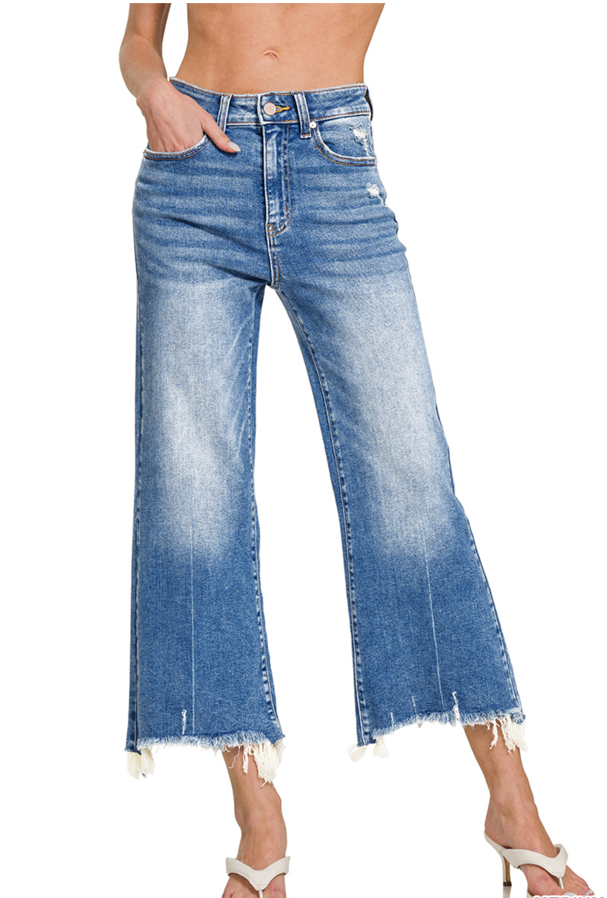 Mid Rise Straight Raw Hem Denim Pants