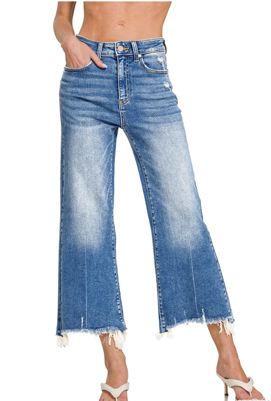 Mid Rise Straight Raw Hem Denim Pants