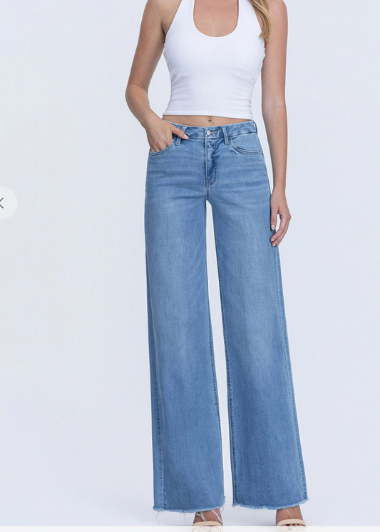 LV1682-High Rise Medium Wash Frayed Hem Wide Leg Jeans