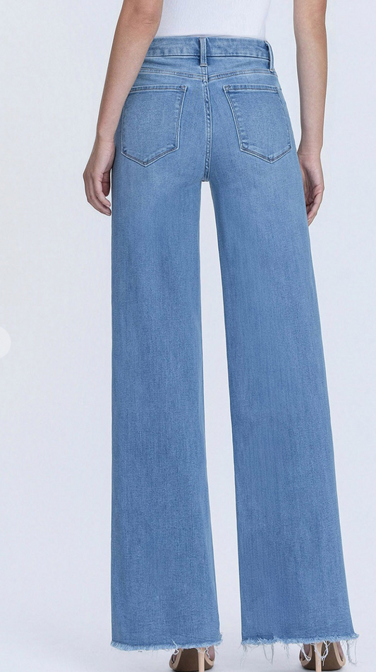 LV1682-High Rise Medium Wash Frayed Hem Wide Leg Jeans
