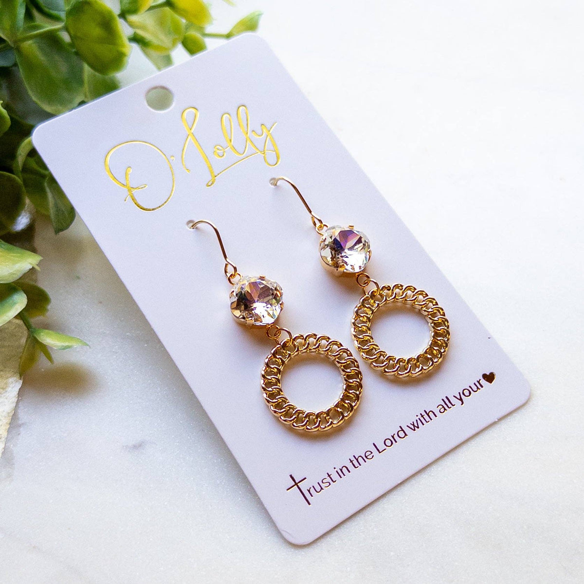 Gold Crystal & Textured Circle Dangle Earrings
