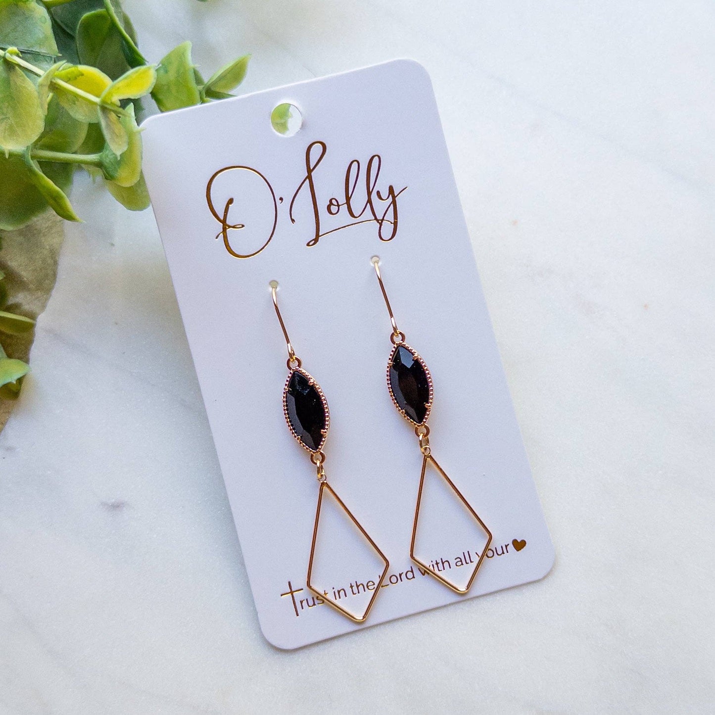 Black Crystal & Gold Open Diamond Earrings