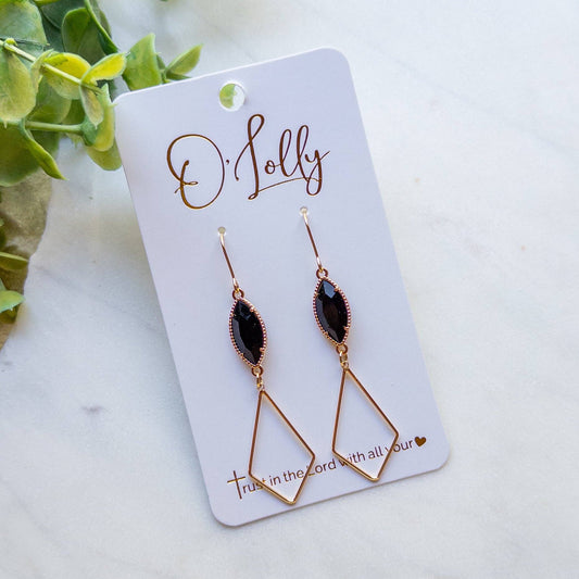 Black Crystal & Gold Open Diamond Earrings
