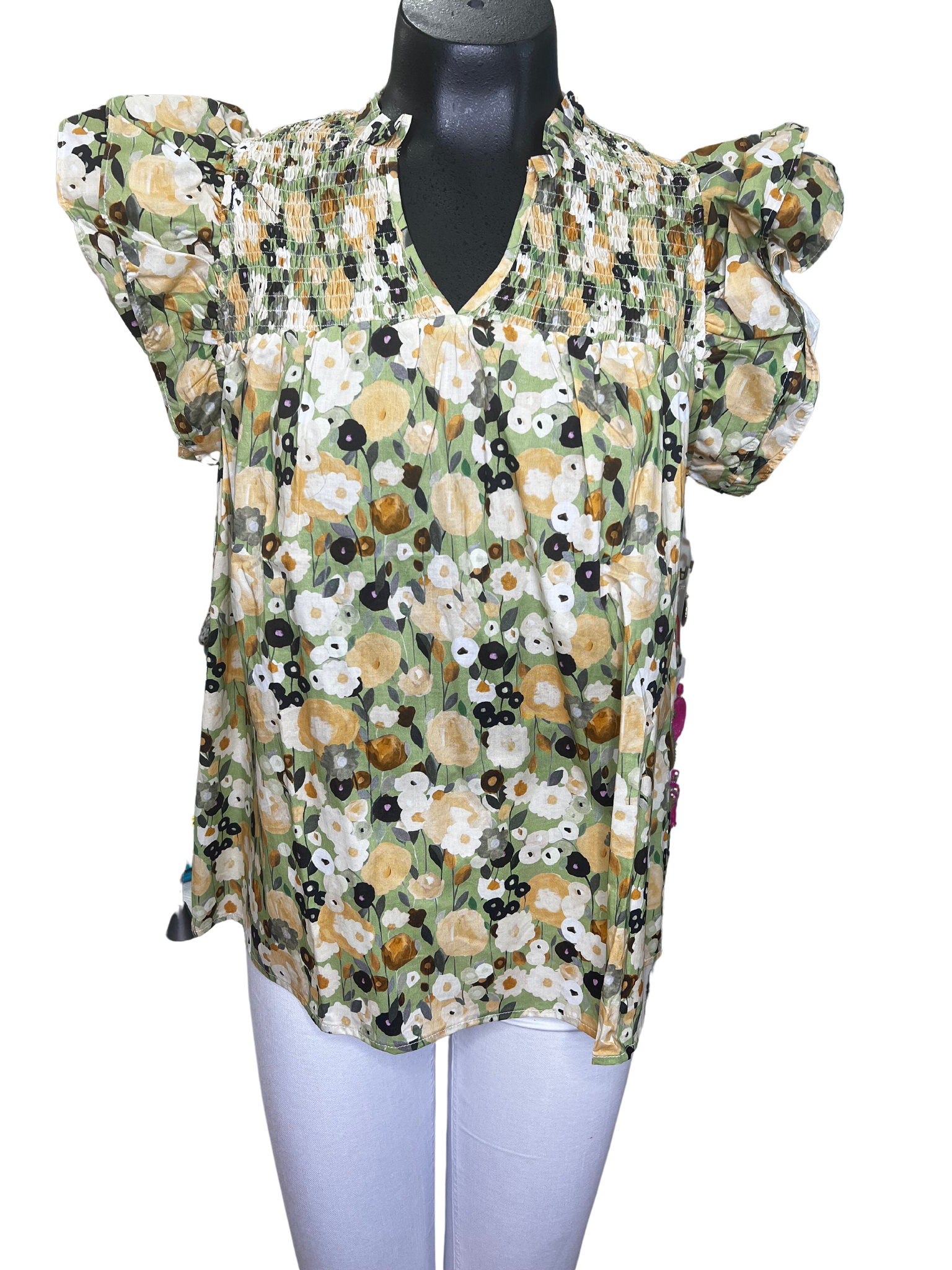 Floral Print Ruffle Sleeve Top, Olive