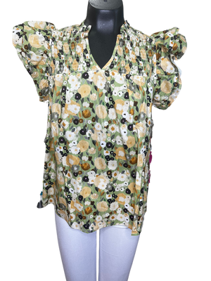 Floral Print Ruffle Sleeve Top, Olive