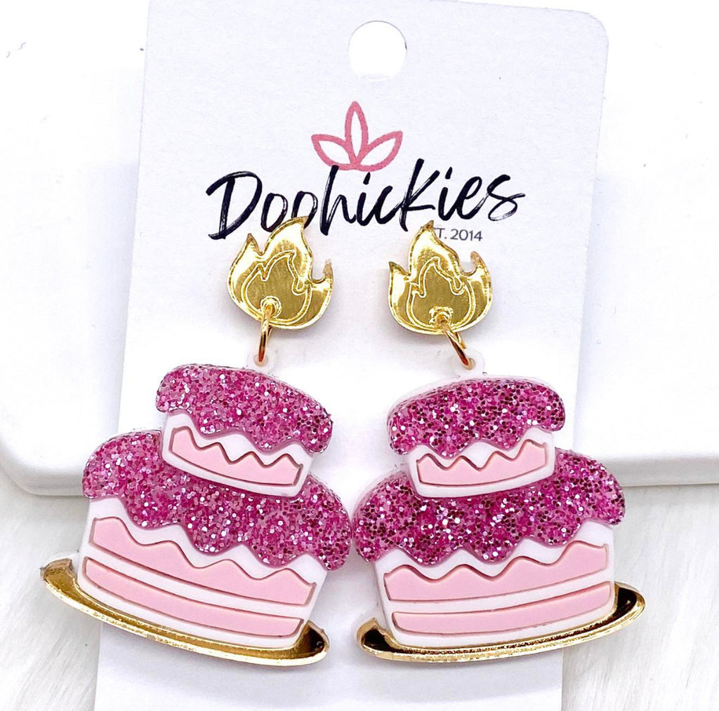 Pink Glitter Birthday Cake Acrylic Dangles