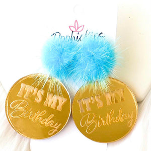 It’s My Birthday Acrylic Dangles, Teal Blue Puff