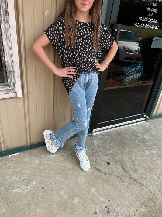 Girls Distressed Frayed Hem Denim Jeans