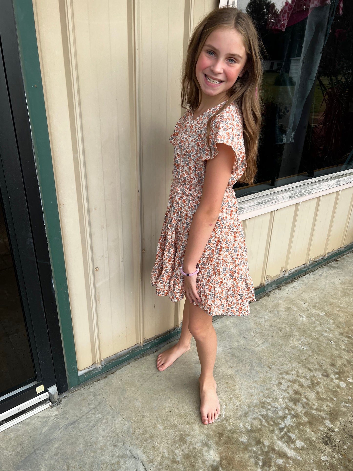 Girls Flutter Sleeve Smocked Waist V Neck Dress