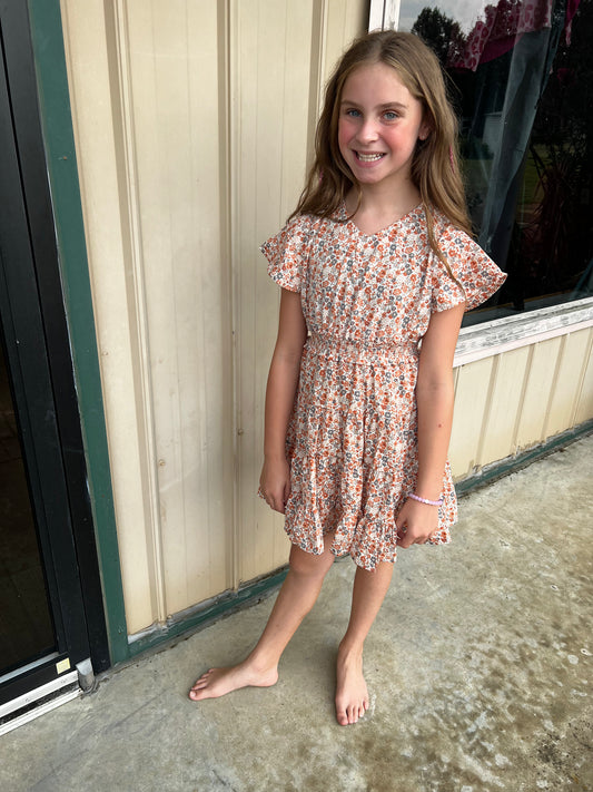 Girls Flutter Sleeve Smocked Waist V Neck Dress