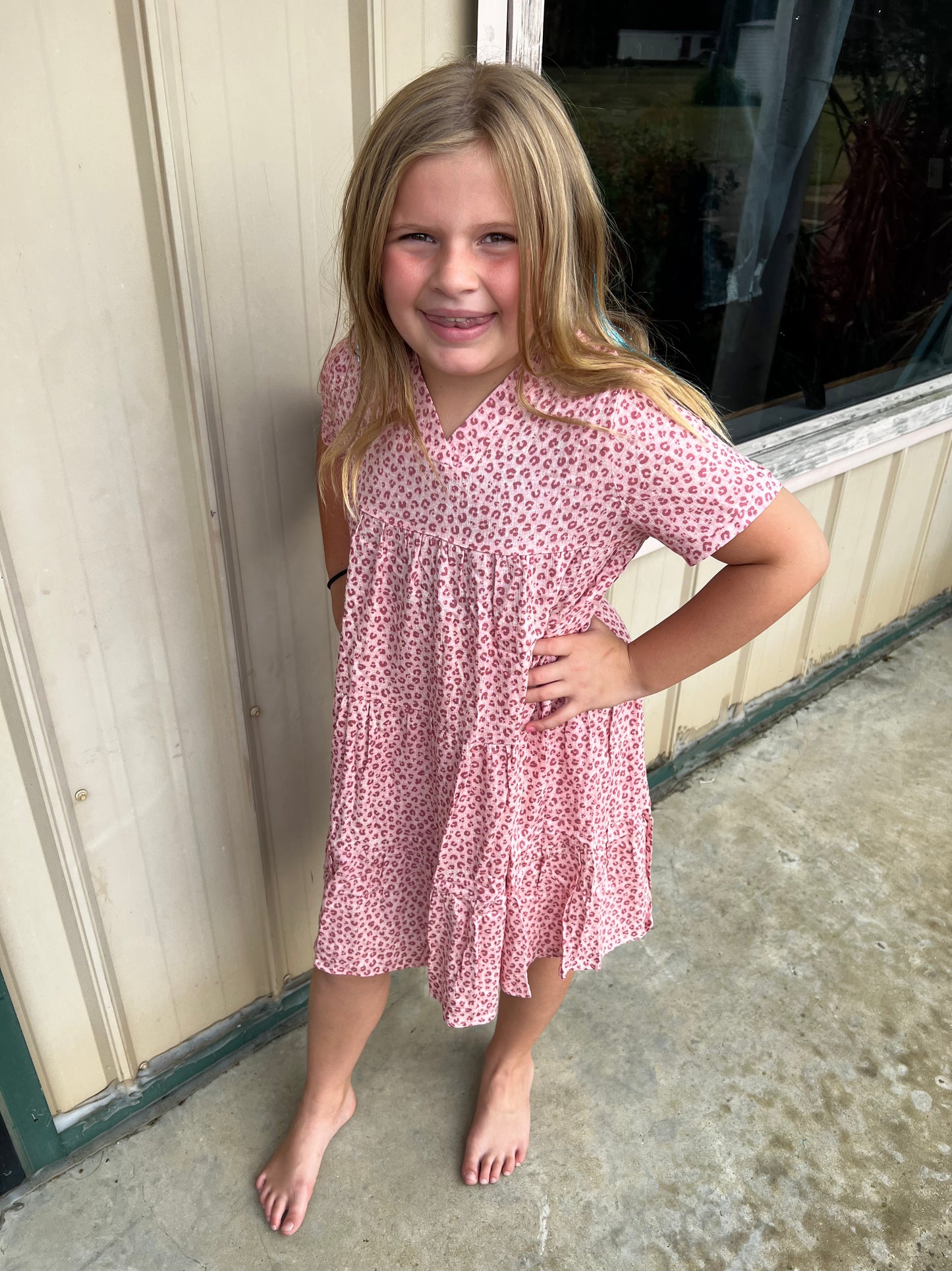 Girls Pink Leopard Midi Dress