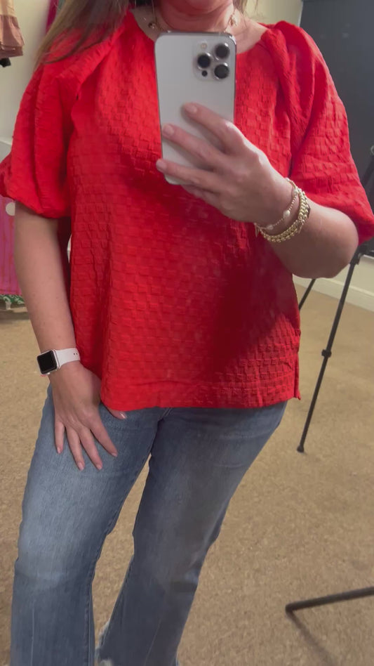 Jacquard Round Neck Top, Red