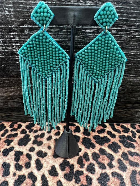 Beaded Rhombus Tassel Earrings, Turquoise