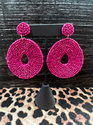 Bead Wide Oval Earrings, Fuchsia