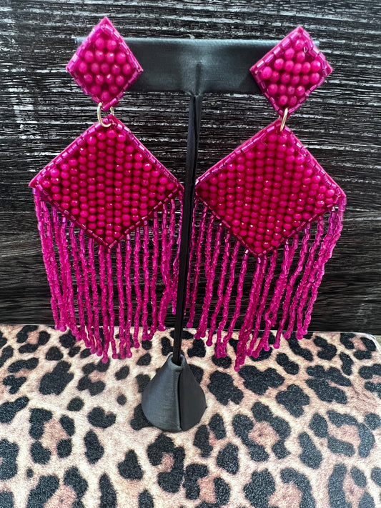 Beaded Rhombus Tassel Earrings, Fuchsia