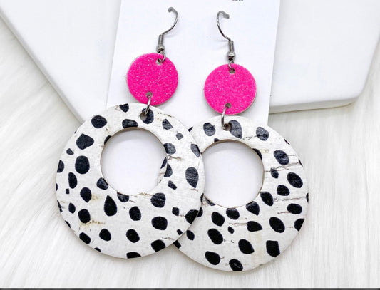 Hot Pink Glitter & Dalmatian Double O Corkies Earrings