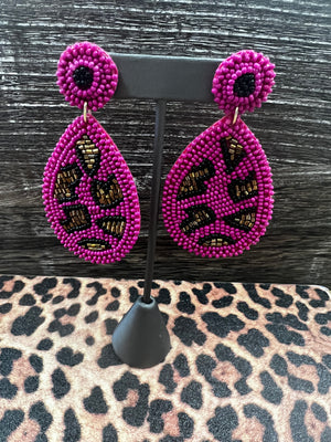 Leopard Pattern Teardrop Earrings, Fuchsia