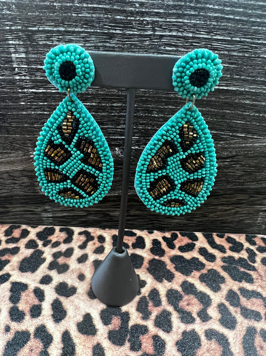 Leopard Pattern Teardrop Earrings, Turquoise