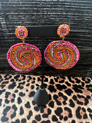 Spiral Pattern Bead Disk Earrings, Fuchsia