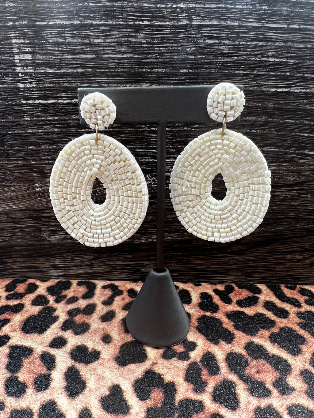 Bead Wide Oval Earrings, White