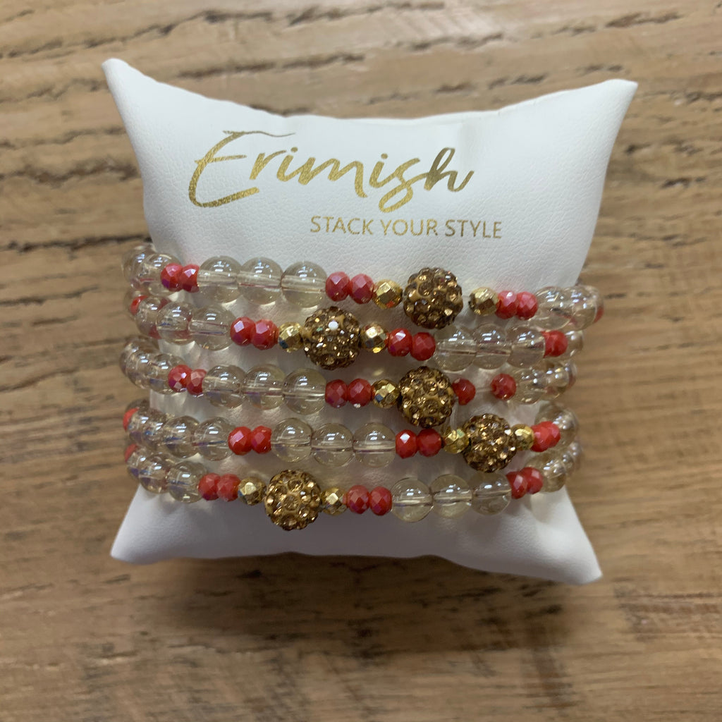 Clear and Coral with Gold Shamballa Bead Single Erimish Bracelet