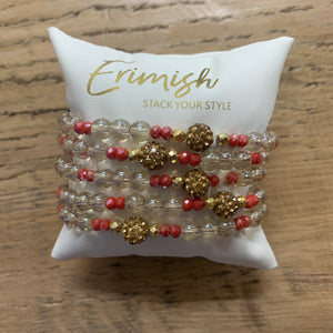 Clear and Coral with Gold Shamballa Bead Single Erimish Bracelet